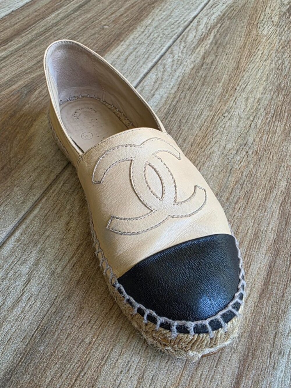 CHANEL  Beige & Black Lambskin Espadrilles Eur. 35